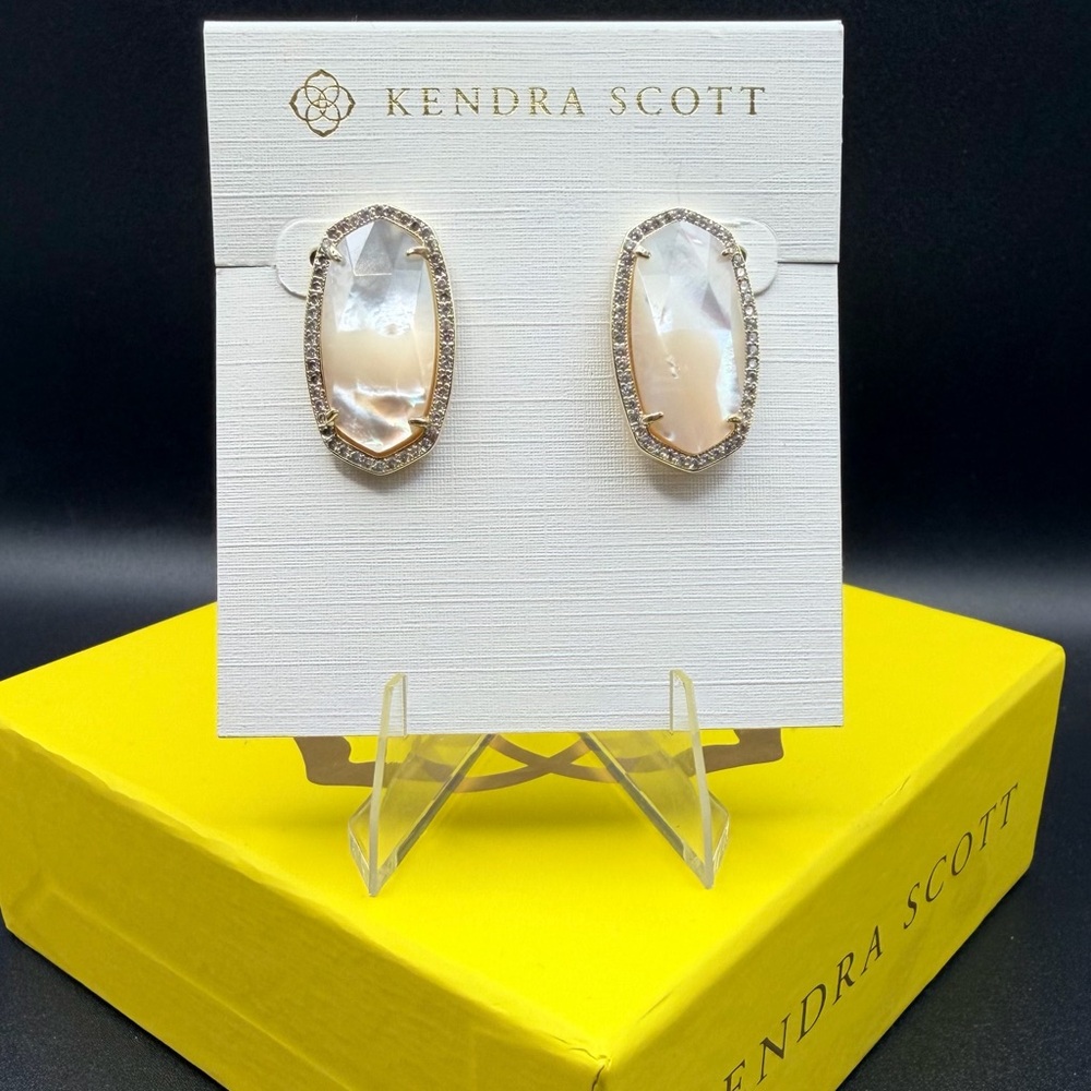 Kendra Scott Elsie Lux Earrings Ivory MOP Gold Crystal Halo Statement Earrings - Picture 3 of 9